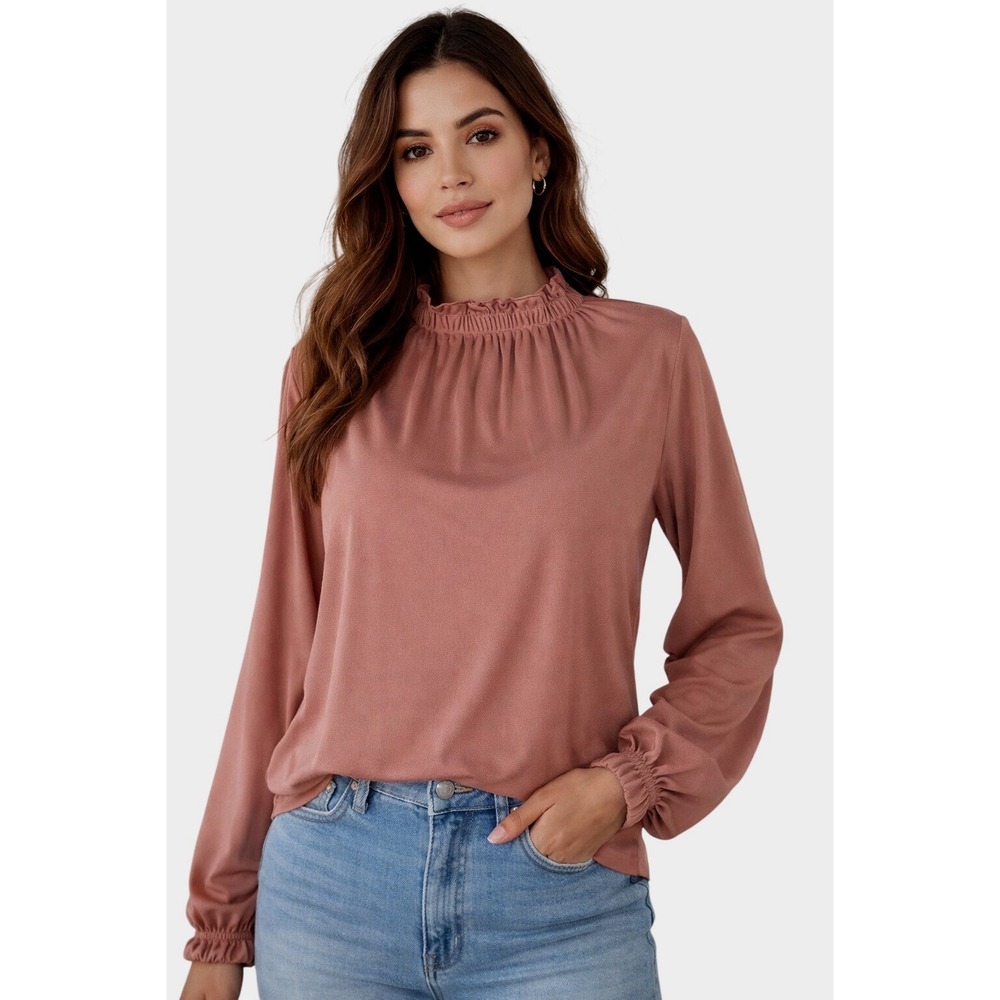Zara Women's Mock Neck Ruffled Long Sleeve Blouse Top Dusty Rose L Chic 86-21